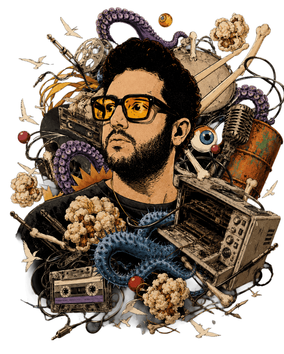 Illustrated portrait of Dan Mayo surrounded by tape reels, tentacles, microphones, bones, and popcorn — the visual world of his sample packs.