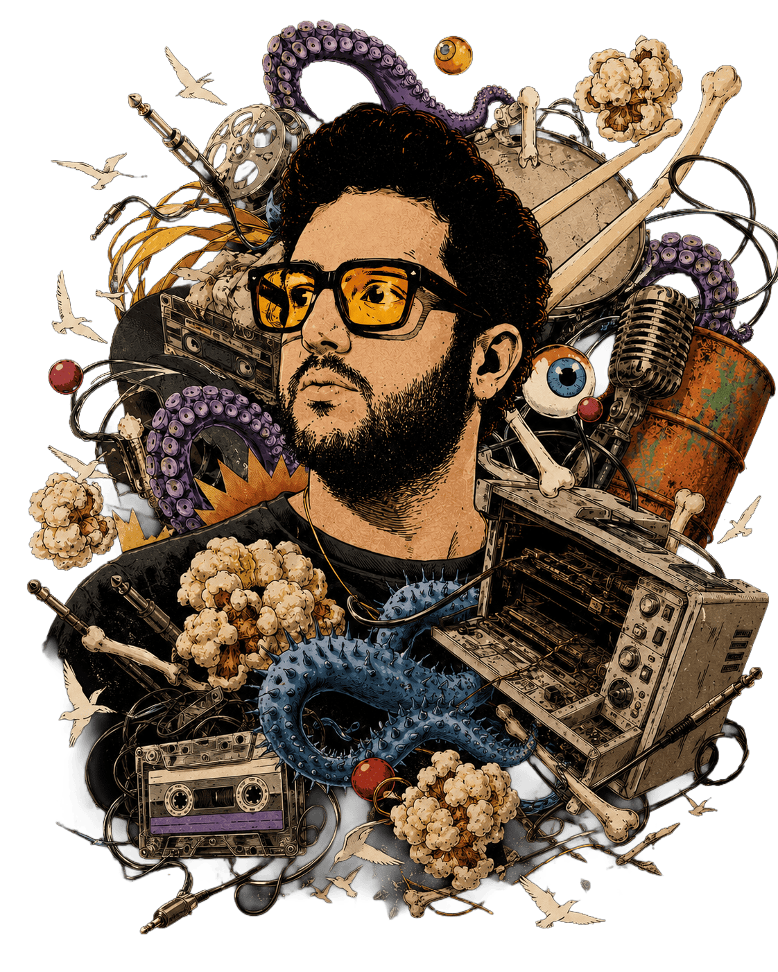 Illustrated portrait of Dan Mayo surrounded by tape reels, tentacles, microphones, bones, and popcorn — the visual world of his sample packs.
