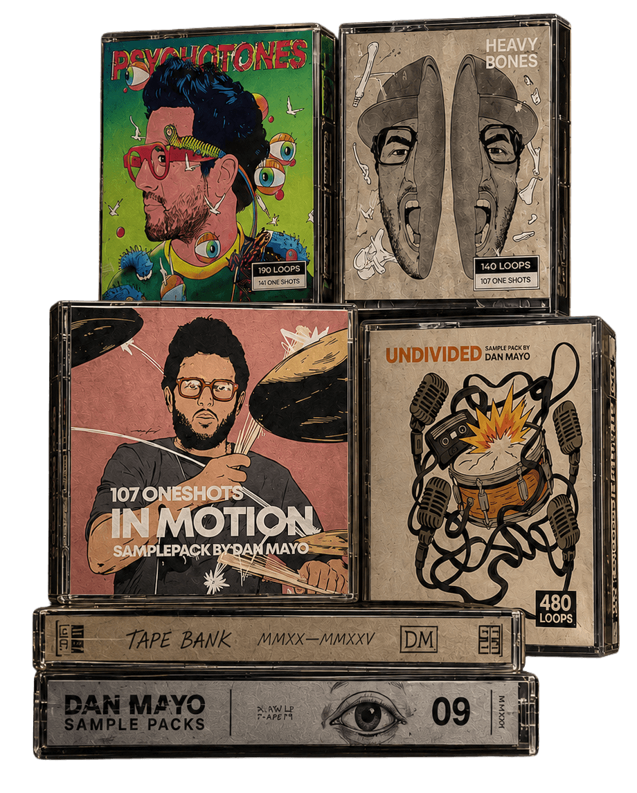 Dan Mayo Sample Packs, 9 cassette and CD covers stacked